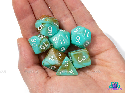 Jade Amber | Light Mint Turquoise-Green Jade, Glittery Beachy Brown Swirls | Acrylic Dice Set (7)