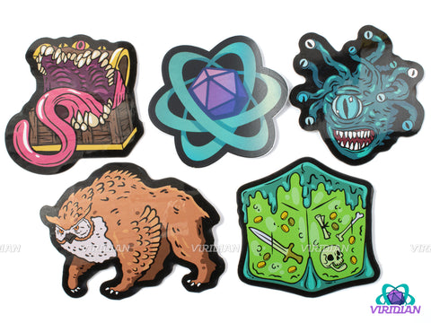 Sticker Medley (5 Stickers) | One of Each Viridian Sticker We Have! | D&D-esque, Dice & Fantasy Art