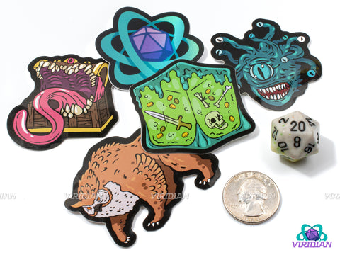 Sticker Medley (5 Stickers) | One of Each Viridian Sticker We Have! | D&D-esque, Dice & Fantasy Art