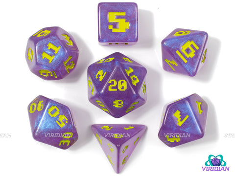 Space Invader | Retro Video Game Font, Shimmery Purple and Yellow-Green | Resin Set (7), Optional Modern Power-Up D4s