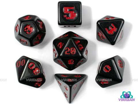 8-Bit Fury | Retro Video Game Font, Shiny Opaque Black and Red | Resin Set (7), Optional Modern Power-Up D4s