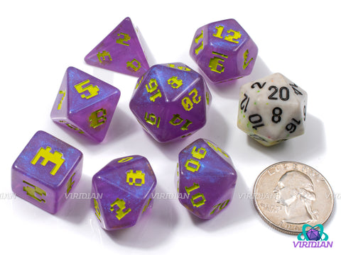 Space Invader | Retro Video Game Font, Shimmery Purple and Yellow-Green | Resin Set (7), Optional Modern Power-Up D4s