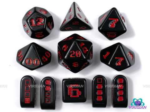 8-Bit Fury | Retro Video Game Font, Shiny Opaque Black and Red | Resin Set (7), Optional Modern Power-Up D4s