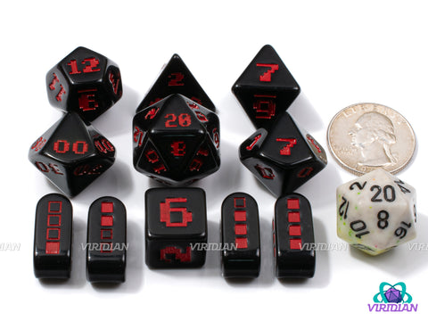 8-Bit Fury | Retro Video Game Font, Shiny Opaque Black and Red | Resin Set (7), Optional Modern Power-Up D4s