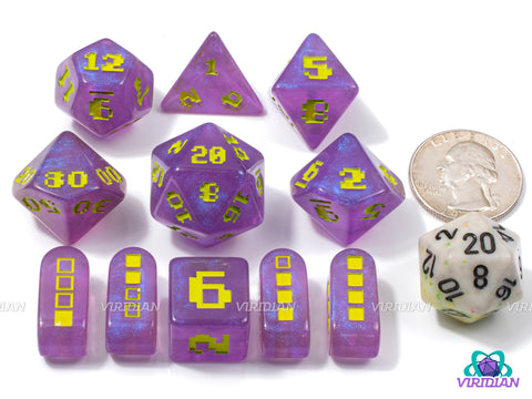 Space Invader | Retro Video Game Font, Shimmery Purple and Yellow-Green | Resin Set (7), Optional Modern Power-Up D4s