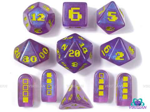 Space Invader | Retro Video Game Font, Shimmery Purple and Yellow-Green | Resin Set (7), Optional Modern Power-Up D4s