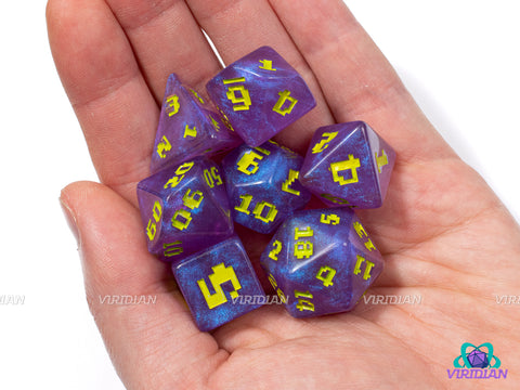 Space Invader | Retro Video Game Font, Shimmery Purple and Yellow-Green | Resin Set (7), Optional Modern Power-Up D4s