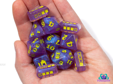 Space Invader | Retro Video Game Font, Shimmery Purple and Yellow-Green | Resin Set (7), Optional Modern Power-Up D4s