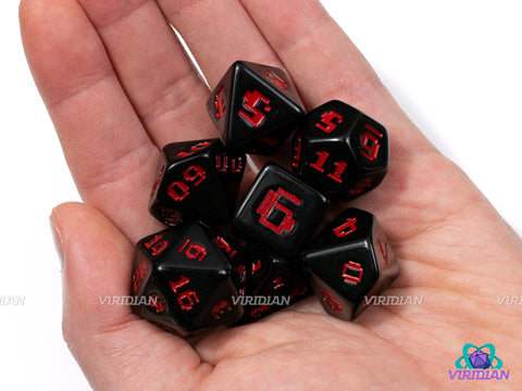 8-Bit Fury | Retro Video Game Font, Shiny Opaque Black and Red | Resin Set (7), Optional Modern Power-Up D4s