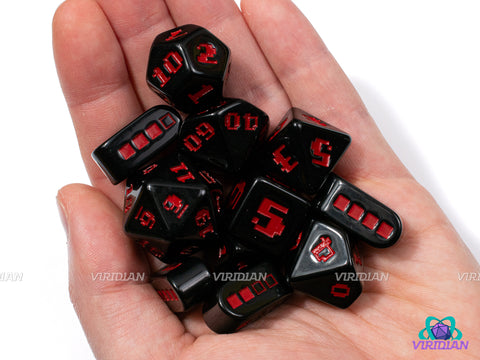 8-Bit Fury | Retro Video Game Font, Shiny Opaque Black and Red | Resin Set (7), Optional Modern Power-Up D4s