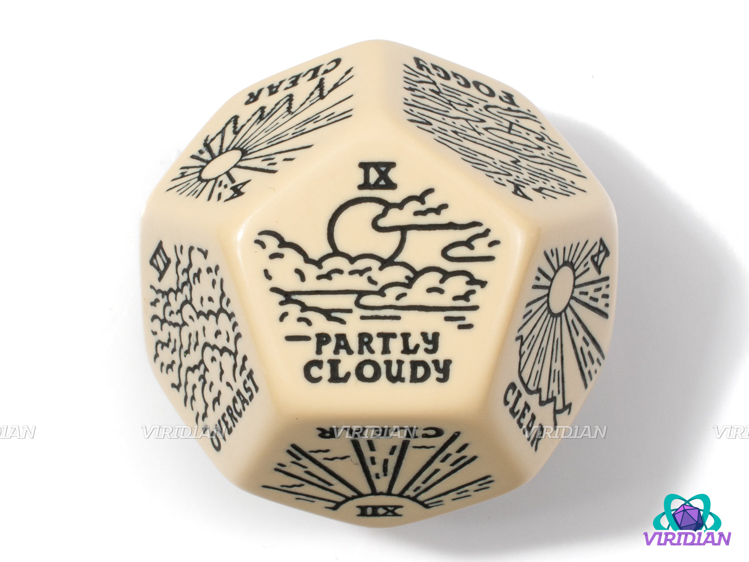 Weather Generator Die 2.0 | D&D Climate Dice, Sunny, Clear, Cloudy, Rainy, Storms, Improv, Tarot-Design, 30mm | Acrylic Giant D12 (1)