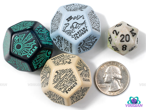 Weather Generator Die 2.0 | D&D Climate Dice, Sunny, Clear, Cloudy, Rainy, Storms, Improv, Tarot-Design, 30mm | Acrylic Giant D12 (1)