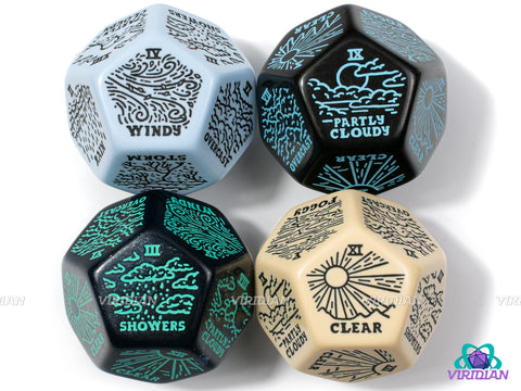 Weather Generator Die 2.0 | D&D Climate Dice, Sunny, Clear, Cloudy, Rainy, Storms, Improv, Tarot-Design, 30mm | Acrylic Giant D12 (1)