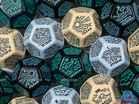 Weather Generator Die 2.0 | D&D Climate Dice, Sunny, Clear, Cloudy, Rainy, Storms, Improv, Tarot-Design, 30mm | Acrylic Giant D12 (1)