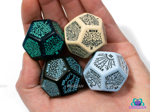 Weather Generator Die 2.0 | D&D Climate Dice, Sunny, Clear, Cloudy, Rainy, Storms, Improv, Tarot-Design, 30mm | Acrylic Giant D12 (1)