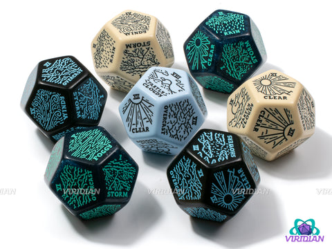 Weather Generator Die 2.0 | D&D Climate Dice, Sunny, Clear, Cloudy, Rainy, Storms, Improv, Tarot-Design, 30mm | Acrylic Giant D12 (1)