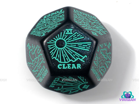 Weather Generator Die 2.0 | D&D Climate Dice, Sunny, Clear, Cloudy, Rainy, Storms, Improv, Tarot-Design, 30mm | Acrylic Giant D12 (1)