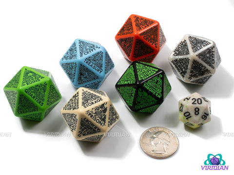 Dungeon: Room Generator Die | Create Room-Types for Castles/Hideouts/Caves/Locations, D&D Random Dice, From Ritual Chambers to Throne Rooms, Improv, 31mm | Acrylic Giant D20 (1)