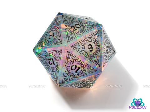 Celestial Song (D20) | Sharp Edged, Translucent Clear, Cyan Blue, Rainbow Holographic Film, Black Ink, 33mm | Large Resin Die (1)