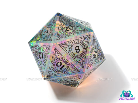 Celestial Song (D20) | Sharp Edged, Translucent Clear, Cyan Blue, Rainbow Holographic Film, Black Ink, 33mm | Large Resin Die (1)