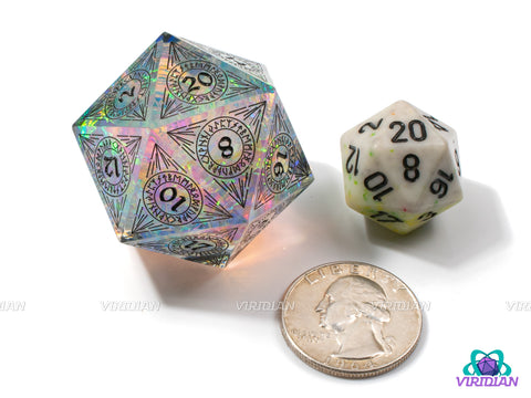 Celestial Song (D20) | Sharp Edged, Translucent Clear, Cyan Blue, Rainbow Holographic Film, Black Ink, 33mm | Large Resin Die (1)