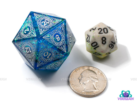 The Depths (D20) | Sharp Edged, Translucent Blue, Holographic Film, White Ink, 33mm | Large Resin Die (1)