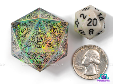 Celestial Song (D20) | Sharp Edged, Translucent Clear, Cyan Blue, Rainbow Holographic Film, Black Ink, 33mm | Large Resin Die (1)