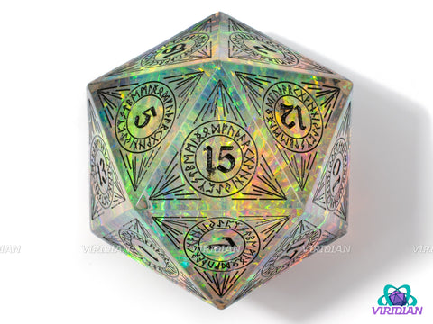 Celestial Song (D20) | Sharp Edged, Translucent Clear, Cyan Blue, Rainbow Holographic Film, Black Ink, 33mm | Large Resin Die (1)