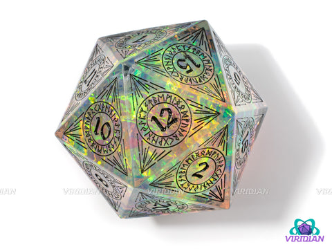 Celestial Song (D20) | Sharp Edged, Translucent Clear, Cyan Blue, Rainbow Holographic Film, Black Ink, 33mm | Large Resin Die (1)