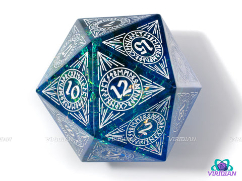 The Depths (D20) | Sharp Edged, Translucent Blue, Holographic Film, White Ink, 33mm | Large Resin Die (1)