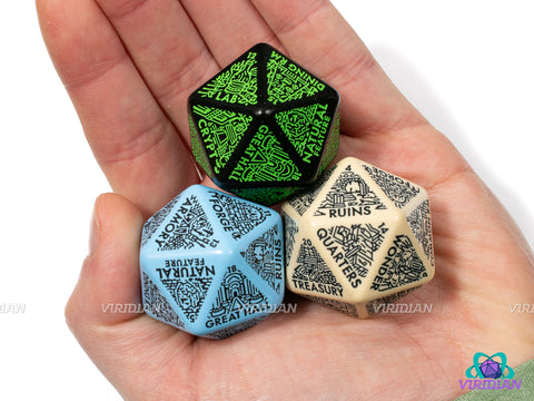 Dungeon: Room Generator Die | Create Room-Types for Castles/Hideouts/Caves/Locations, D&D Random Dice, From Ritual Chambers to Throne Rooms, Improv, 31mm | Acrylic Giant D20 (1)