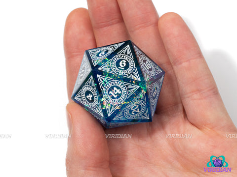 The Depths (D20) | Sharp Edged, Translucent Blue, Holographic Film, White Ink, 33mm | Large Resin Die (1)