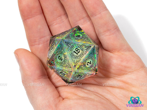 Celestial Song (D20) | Sharp Edged, Translucent Clear, Cyan Blue, Rainbow Holographic Film, Black Ink, 33mm | Large Resin Die (1)