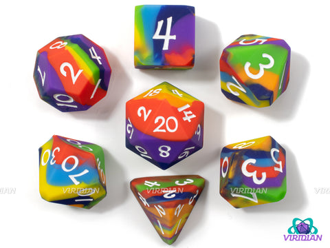 Chroma Clash (Silicone) | Layered Rainbow, Bouncy, Soft, Corner Cut | Silicone Dice Set (7)