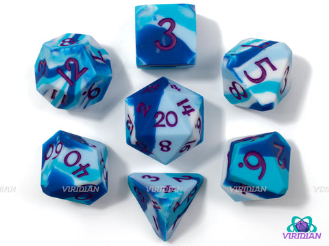 Glacial Melt (Silicone) | Dark-Blue, Light-Blue, White, Layered, Bouncy, Soft, Corner Cut | Silicone Dice Set (7) (Copy)