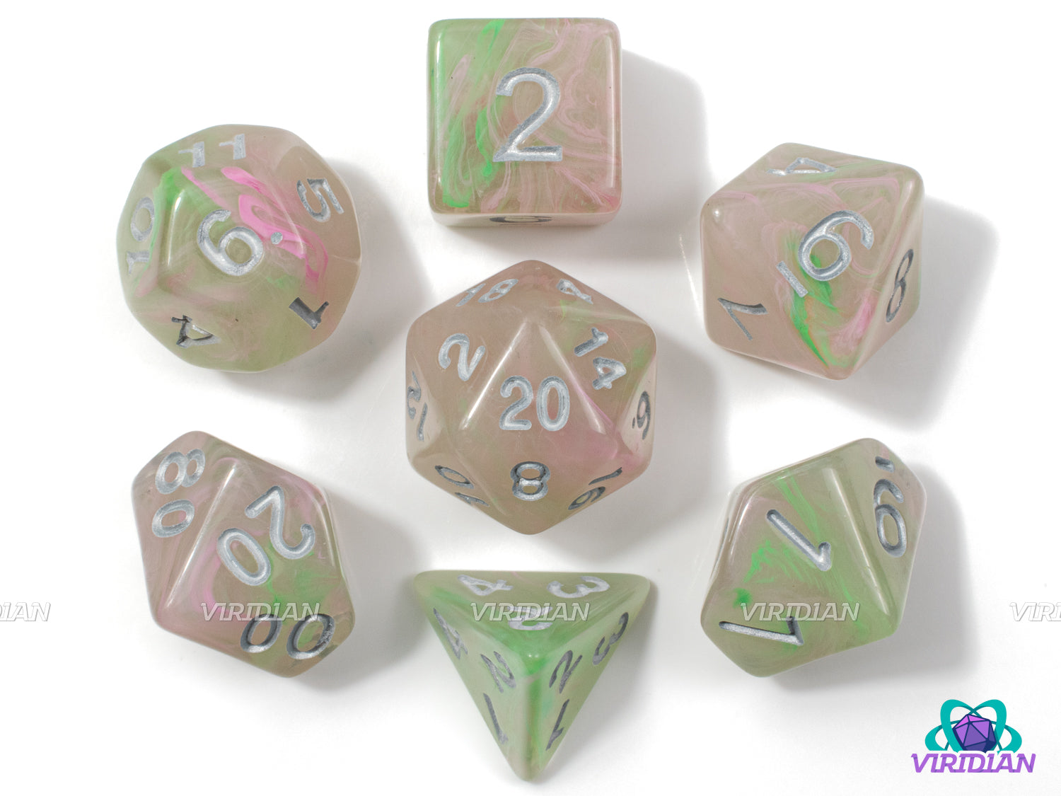 Sprite Garden | Ethereal Lime Green Jade, Light Pink Swirls | Acrylic Dice Set (7)