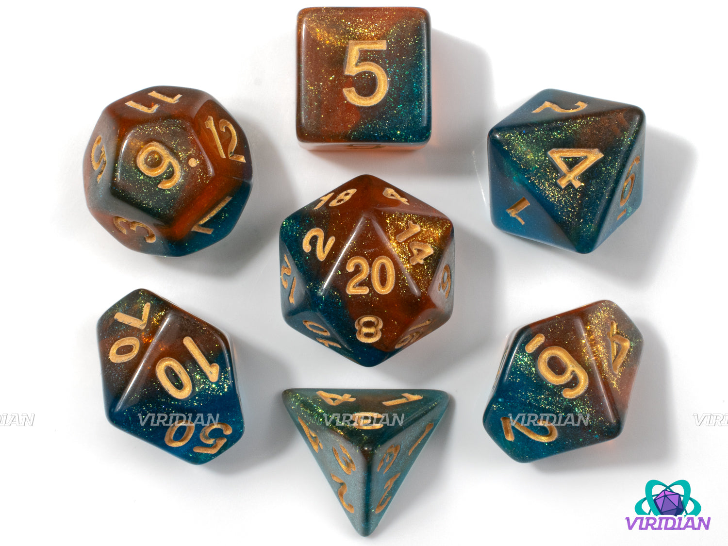 Turquoise Honey | Cerulean Blue, Amber Orange, Swirled, Glittery | Acrylic Dice Set (7)