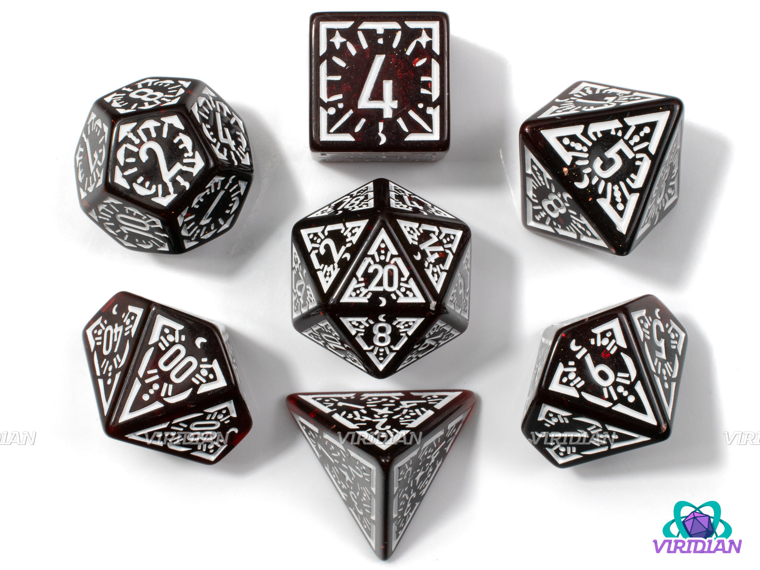 Crimson Glyphs | Dark Red, Translucent, White Ornate Design | Acrylic Dice Set (7)