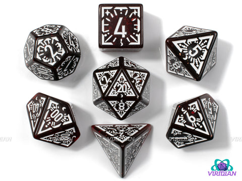 Crimson Glyphs | Dark Red, Translucent, White Ornate Design | Acrylic Dice Set (7)