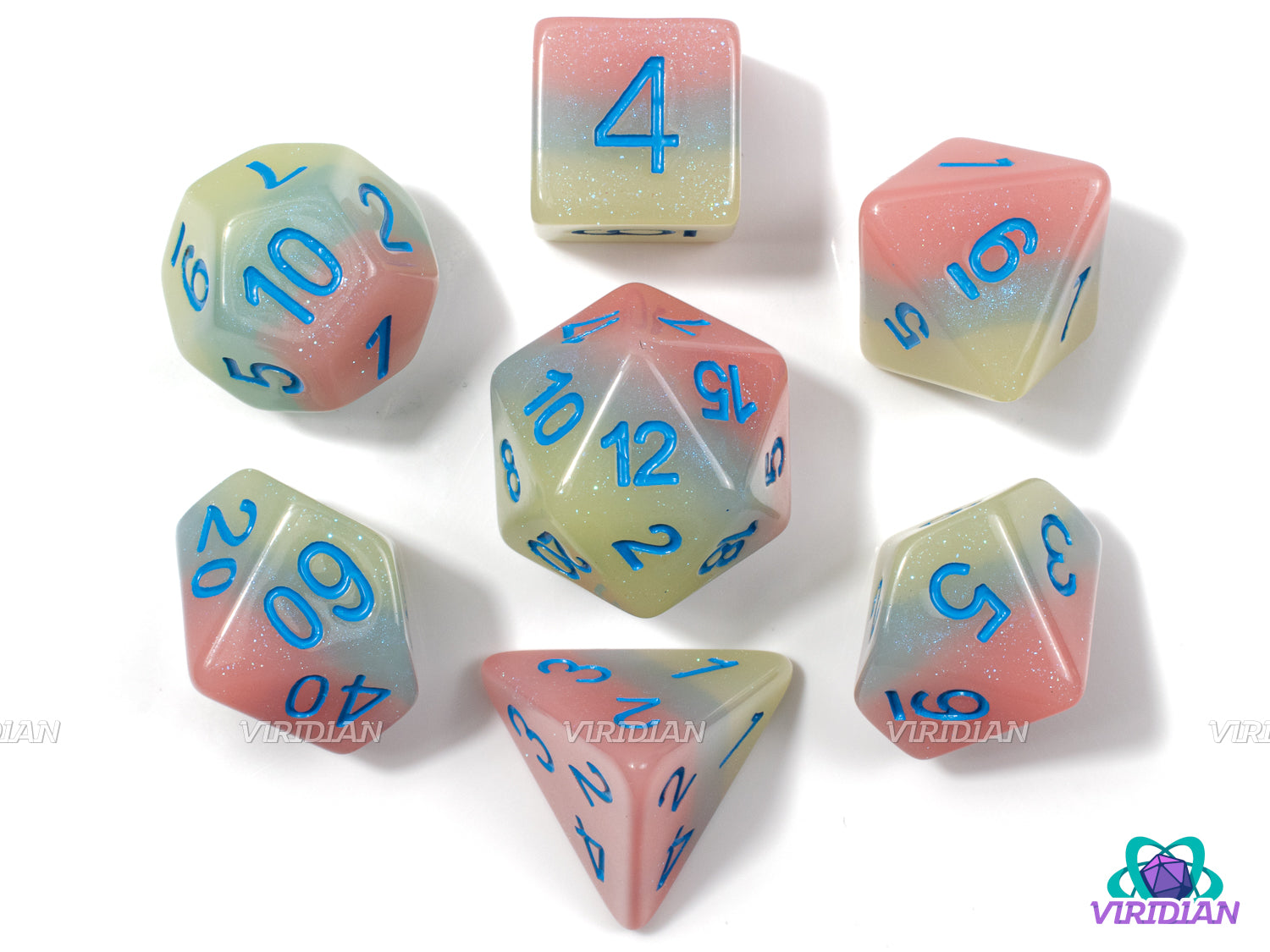 Iced Primaries (Shiny) | Pastel Blue, Pink and Yellow-Green Layers, Slight Glisten, Purple Ink | Resin Dice Set (7) (Copy)