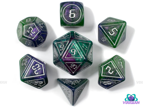 Another Dimension (Silver) | Purple-Blue & Green-Black, Glittery, Digital Gold Font w Accents | Resin Dice Set (7)