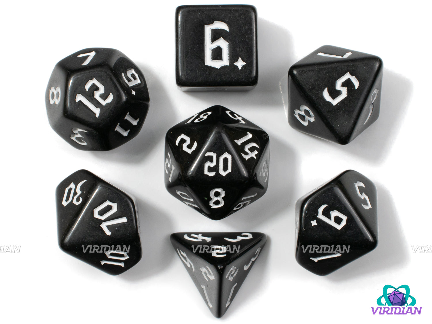 Gothic Just Black | Classic Black Redux with Gothic/Fantasy Font, Acrylic Dice Set (7) | Dungeons and Dragons (DnD)