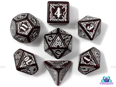 Bloodsucker: Scarlet | Shimmering Crimson Red & Silver, Vampire Theme | Acrylic Dice Set (7)