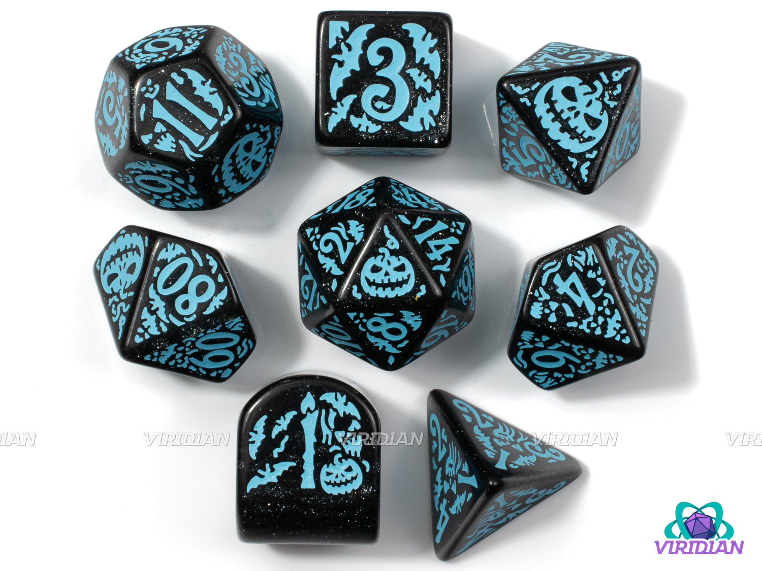 Q-Workshop 20th Anniversary: Halloween | Glittery Back & Turquoise-Blue | Acrylic Dice Set (7)