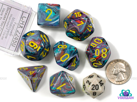 Mega-Hedral Festive Mosaic/Yellow (Black Light Reactive) | 22-28mm Giant Blue, Purple, Red Swirls, Glow In The Dark | Acrylic Dice Set (7)