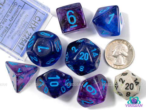 Mega-Hedral Nebula Nocturnal/Blue (Luminary Effect) | 22-28mm Giant Purple and Blue Swirls, Glow In The Dark | Acrylic Dice Set (7)