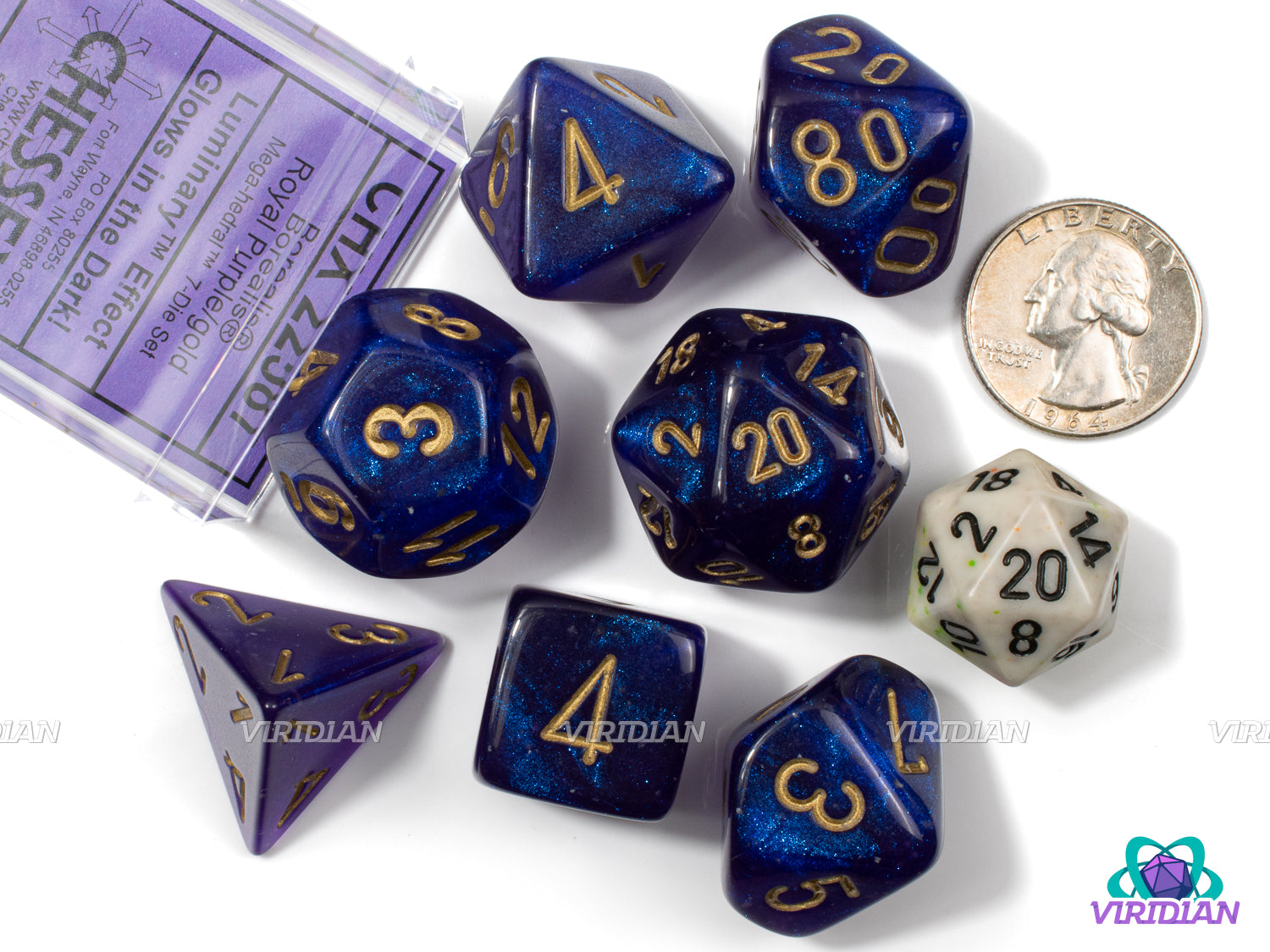 Mega-Hedral Borealis Royal Purple/Gold (Luminary) | 22-28mm Giant Glittery Purple, Glow In The Dark | Acrylic Dice Set (7)