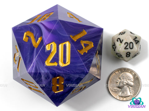 Mystic Vortex (D20) | Purple, White, Swirled, Gold Ink, Sharp-Edge, 55mm Giant Acrylic D20 Die (1)