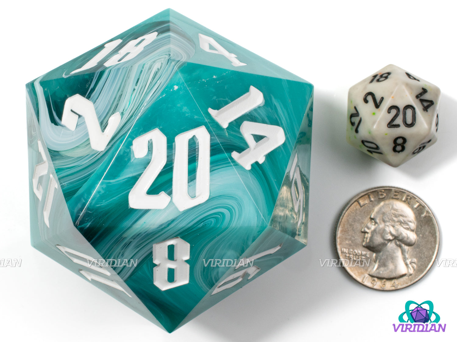 Turquoise Behemoth (D20) | Blue, Turquoise, White, Swirled, 55mm, Sharp-Edge Giant Acrylic D20 Die (1)