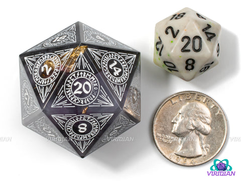 Divine Shroud (D20) | Sharp Edged, Milky White, Smokey, Gold Leaf, White Ink, 33mm | Large Resin Die (1)